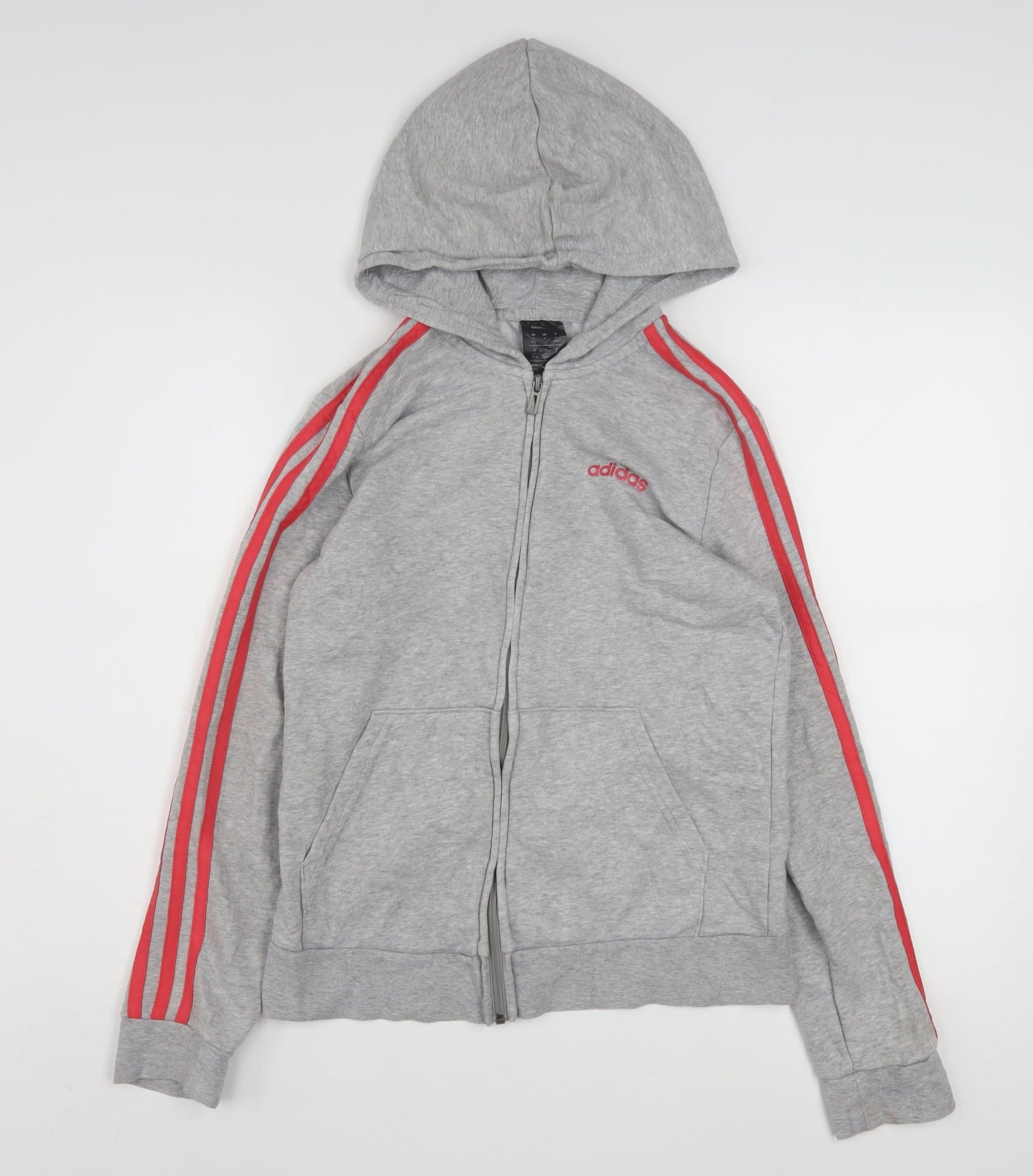 Adidas Women Grey Full Zip Hoodie Size M 12-14 Red Stripe Casual