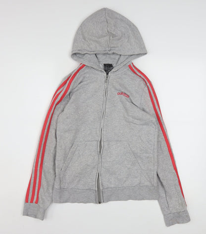 Adidas Women Grey Full Zip Hoodie Size M 12-14 Red Stripe Casual