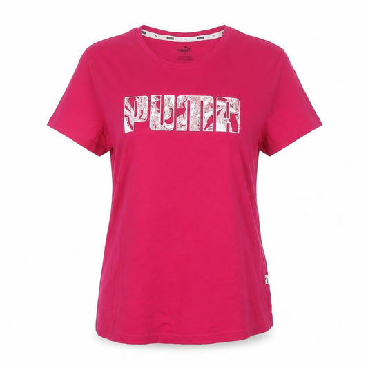 Front view of Puma women’s pink basic crew neck short sleeve t-shirt, size L