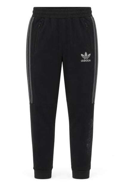 Front view of Adidas Men’s Black Jogger Trousers, size S, Tapered Fit with Zip Pockets