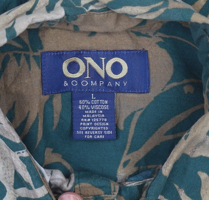 ONO & Company Men's Green Floral Hawaiian Shirt L Short Sleeve Cotton Viscose
