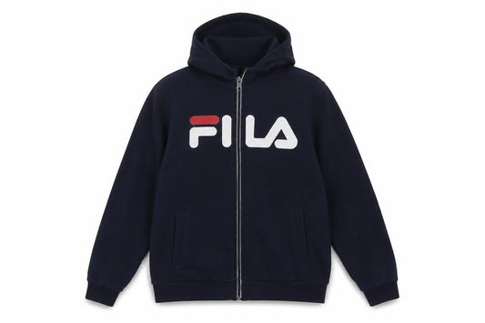 Front view of Fila boys’ navy blue full zip hoodie 158-164cm logo cotton blend