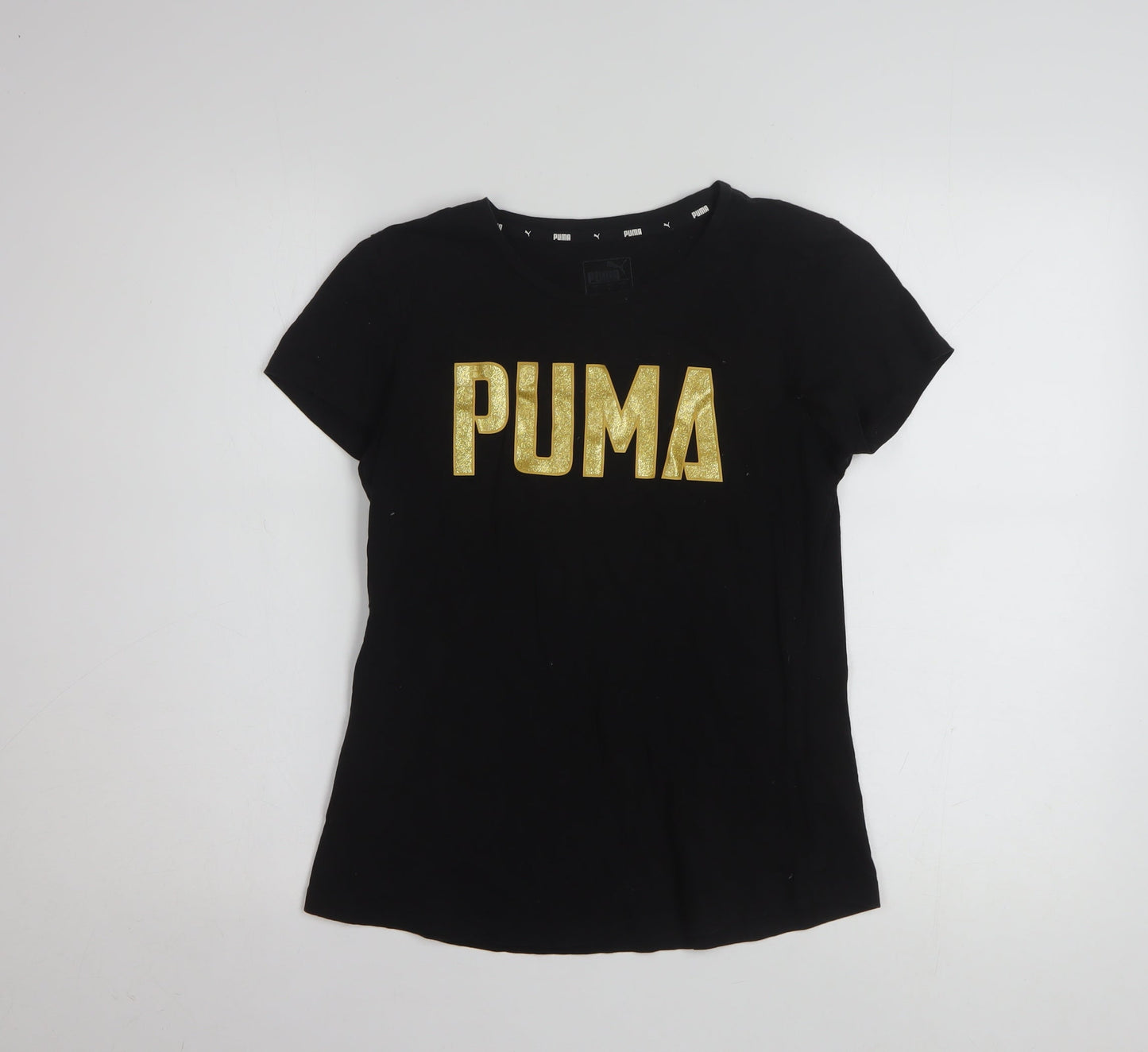 Puma Womens Black Gold Logo T-Shirt Small Short Sleeve Cotton