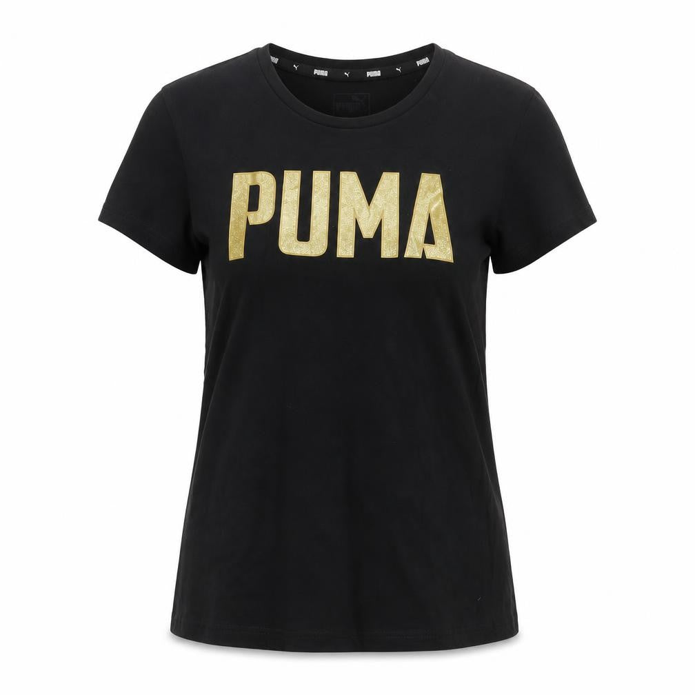 Puma Womens Black Gold Logo T-Shirt Small Short Sleeve Cotton