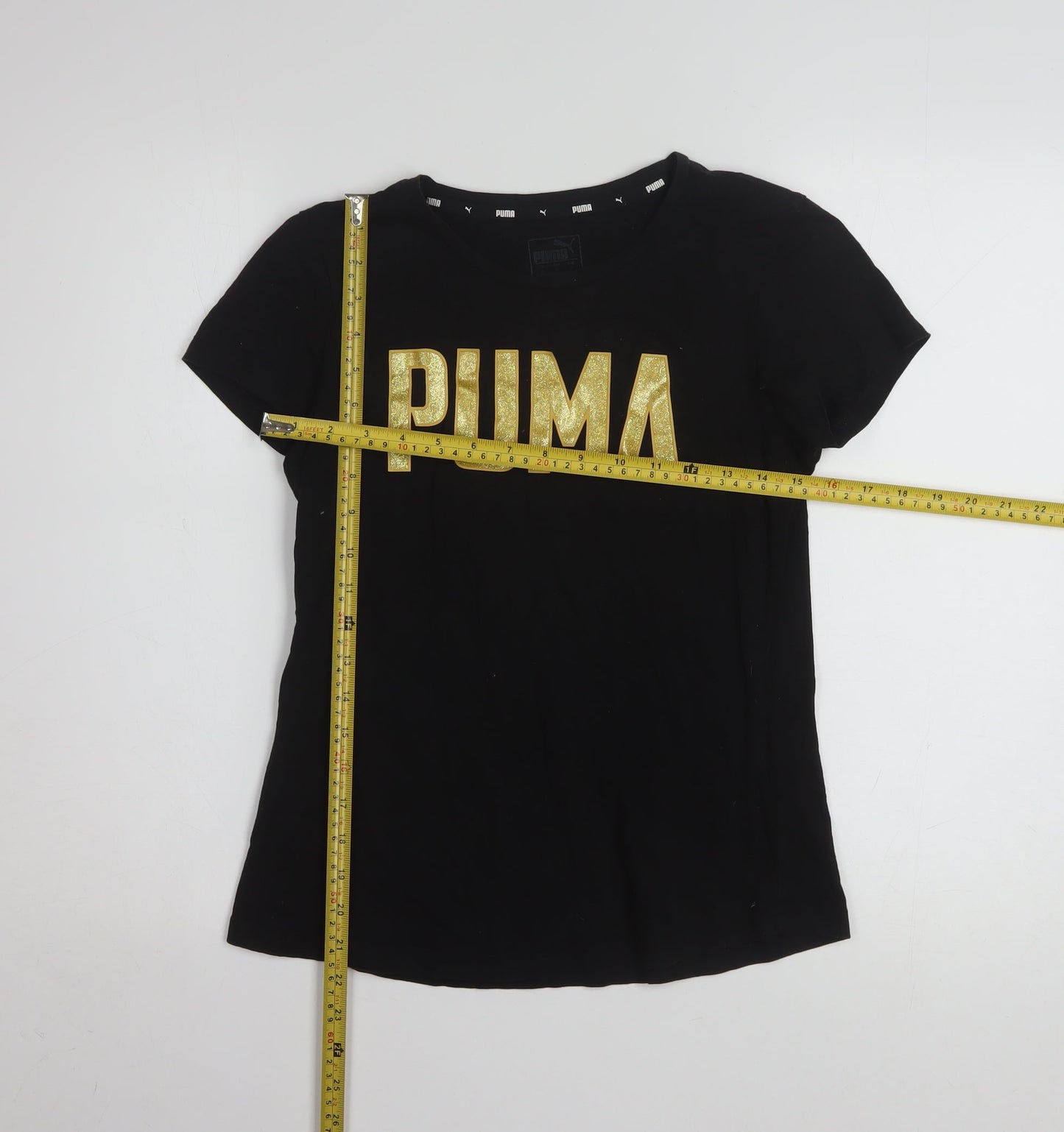Puma Womens Black Gold Logo T-Shirt Small Short Sleeve Cotton