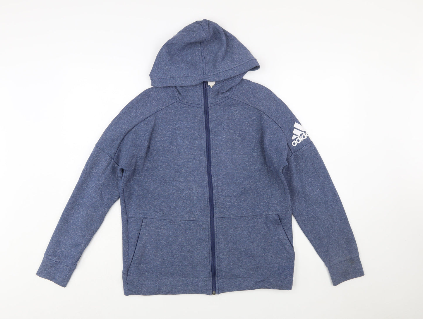 Adidas Boys Blue Full Zip Hoodie Size 13-14 Years Cotton Blend Sportswear