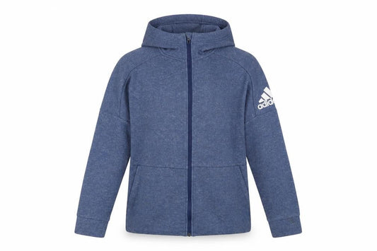 Front view of Adidas boys’ blue full zip hoodie, size 13-14, years cotton blend sportswear