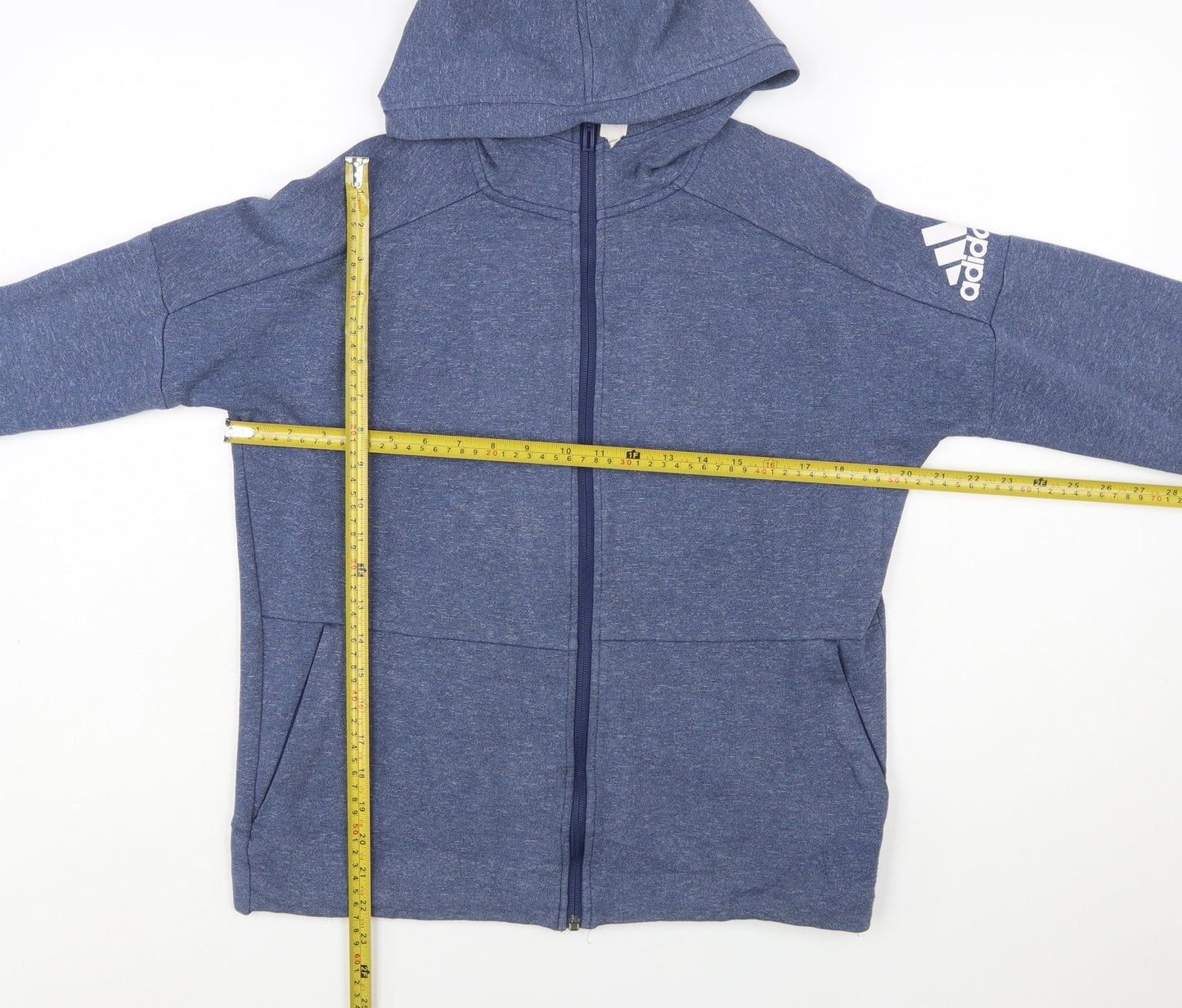 Adidas Boys Blue Full Zip Hoodie Size 13-14 Years Cotton Blend Sportswear