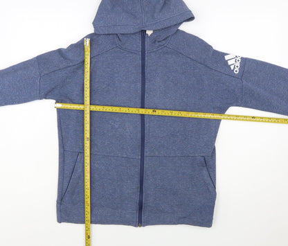 Adidas Boys Blue Full Zip Hoodie Size 13-14 Years Cotton Blend Sportswear