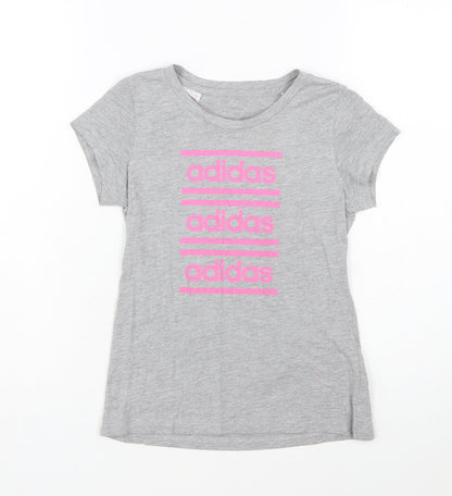 adidas Girls Grey Logo Short Sleeve T-Shirt Size M Lightweight Active Top