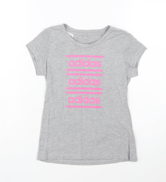 adidas Girls Grey Logo Short Sleeve T-Shirt Size M Lightweight Active Top