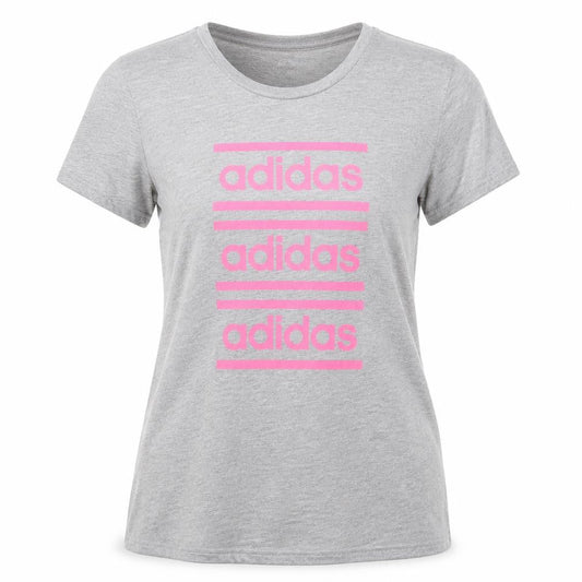 Front view of adidas girls’ grey logo short sleeve t-shirt, size M, lightweight active top