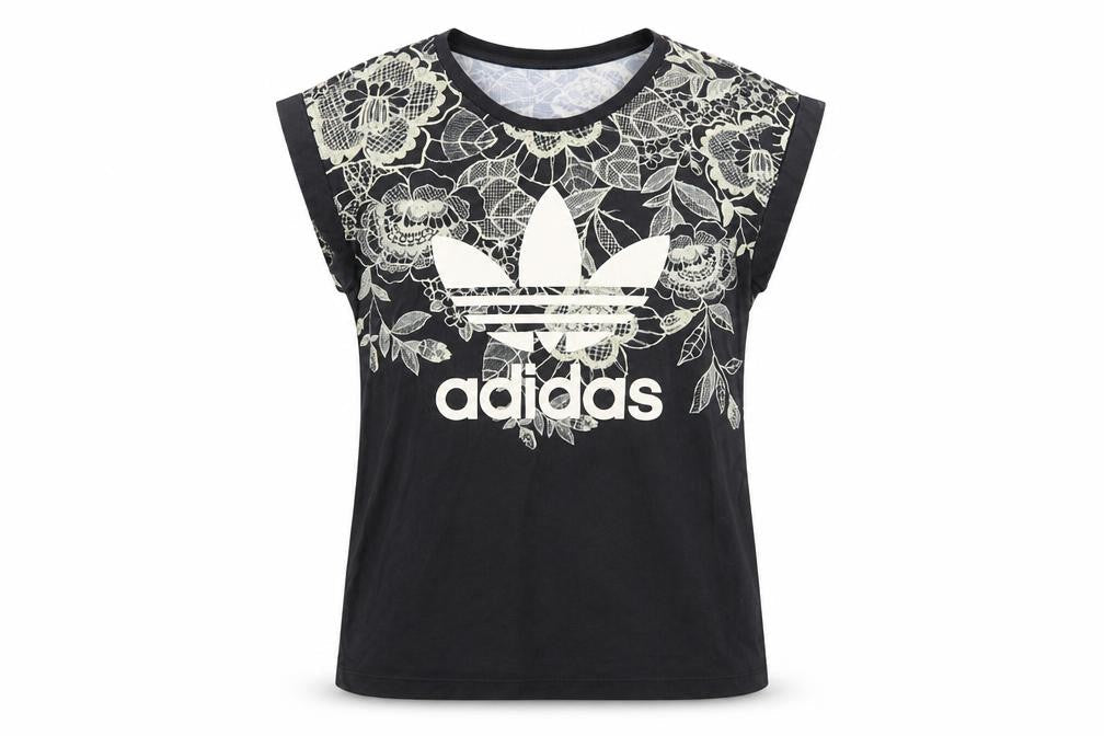 Front view of Adidas Women's Black Floral T-Shirt, size 6, Crew Neck Casual Top