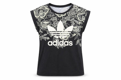 Front view of Adidas Women's Black Floral T-Shirt, size 6, Crew Neck Casual Top