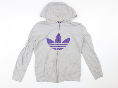 Adidas Women Grey Full Zip Hoodie with Purple Logo Size M