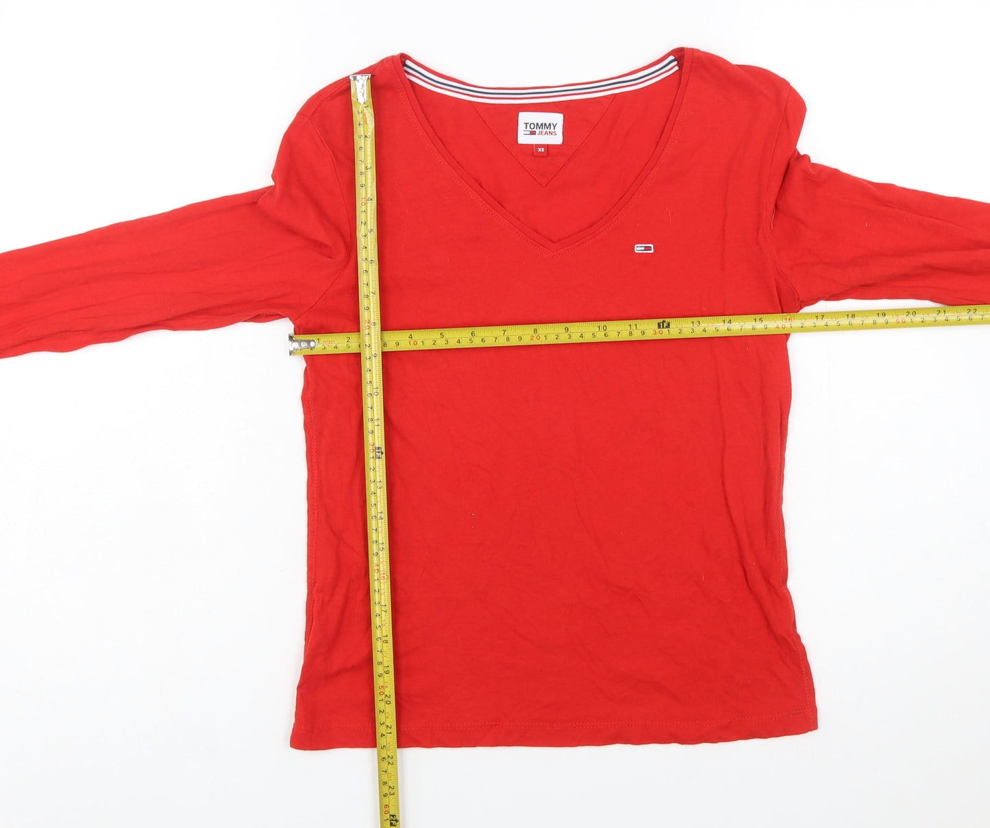 Tommy Jeans Women's Red Cotton V-Neck Long Sleeve T-Shirt XS