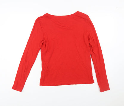 Tommy Jeans Women's Red Cotton V-Neck Long Sleeve T-Shirt XS