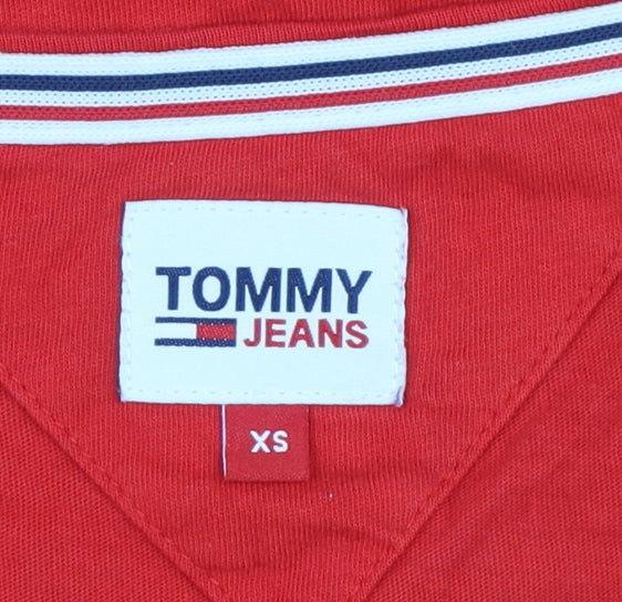 Tommy Jeans Women's Red Cotton V-Neck Long Sleeve T-Shirt XS