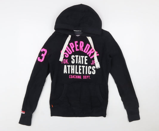 Superdry Women Black Hoodie Small Pullover Athletic Print
