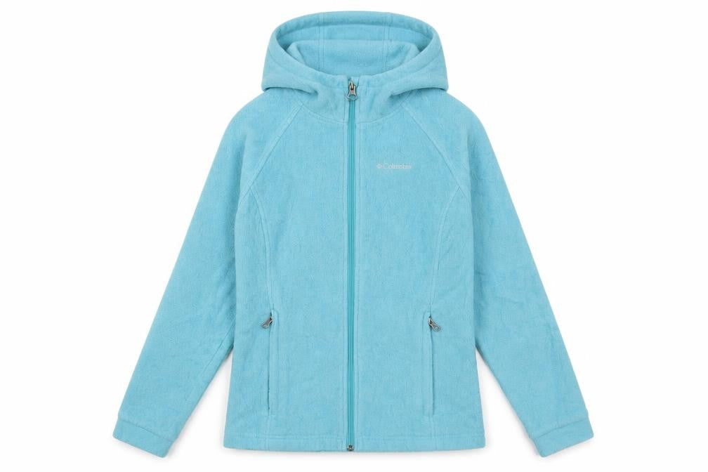 Front view of Columbia girls’ blue hooded fleece jacket, size 14-15, years full zip