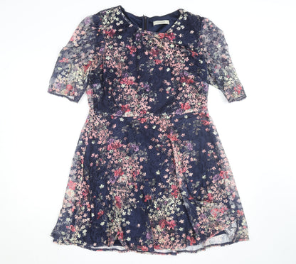 Oasis Women Blue Floral Lace A-Line Knee Length Dress L