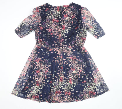 Oasis Women Blue Floral Lace A-Line Knee Length Dress L