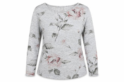Front view of Roman Women’s Grey Floral Jersey 3/4 Sleeve T-Shirt, size UK 12