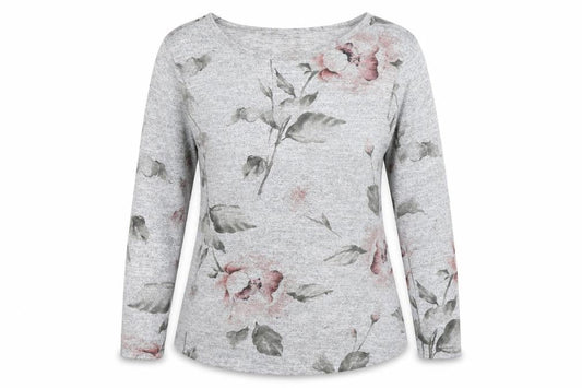 Front view of Roman Women’s Grey Floral Jersey 3/4 Sleeve T-Shirt, size UK 12