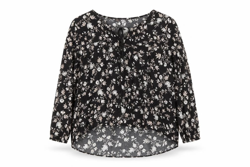 Bershka Womens Black Floral Tunic Blouse Size 12 Viscose Long Sleeve