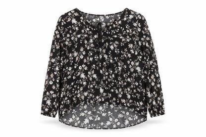 Bershka Womens Black Floral Tunic Blouse Size 12 Viscose Long Sleeve