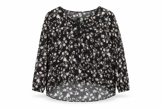 Bershka Womens Black Floral Tunic Blouse Size 12 Viscose Long Sleeve
