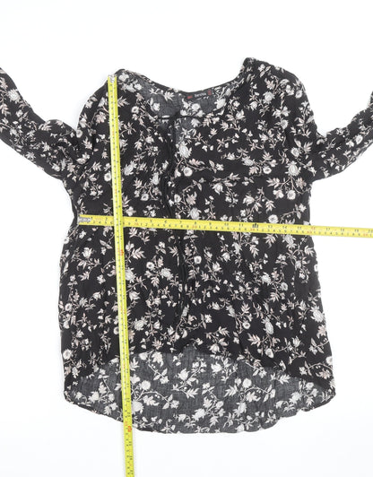 Bershka Womens Black Floral Tunic Blouse Size 12 Viscose Long Sleeve