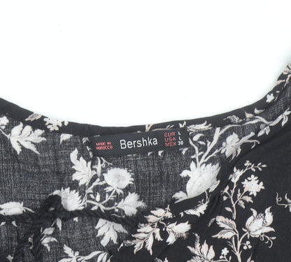 Bershka Womens Black Floral Tunic Blouse Size 12 Viscose Long Sleeve