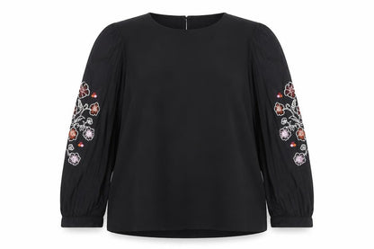 Great Plains Women Black Embroidered Long Sleeve Blouse Size 12