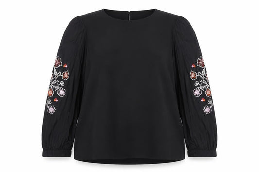 Great Plains Women Black Embroidered Long Sleeve Blouse Size 12