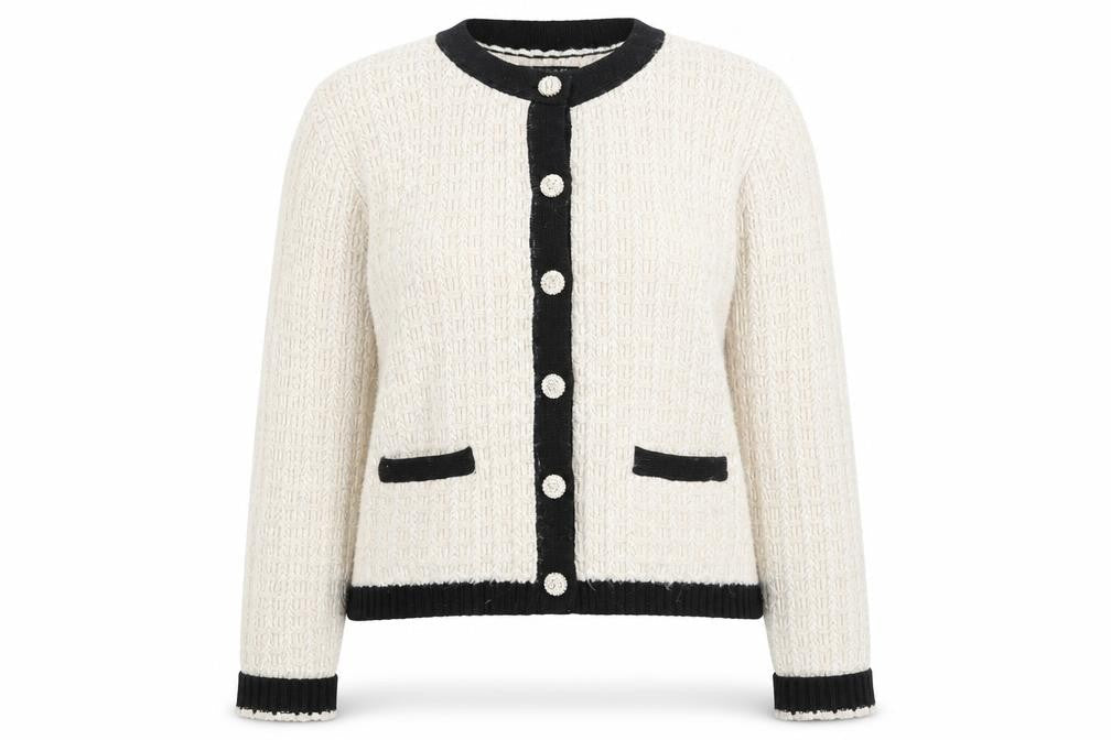 Tahari Women Beige Black Cardigan XL Long Sleeve Classic Knit