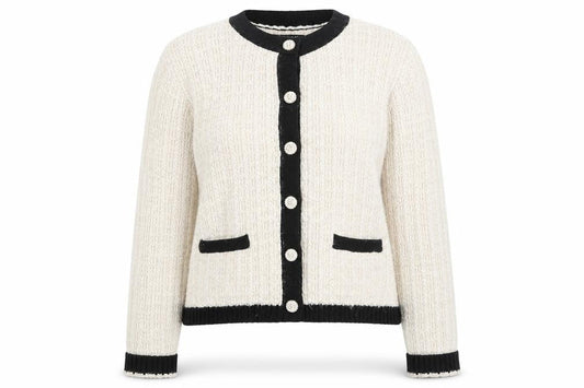 Tahari Women Beige Black Cardigan XL Long Sleeve Classic Knit