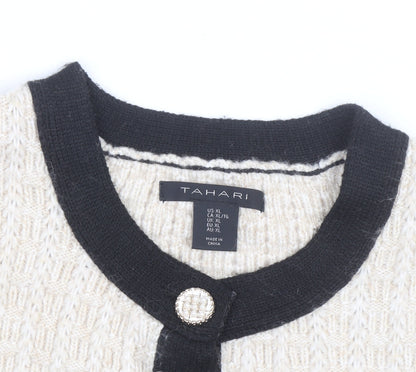 Tahari Women Beige Black Cardigan XL Long Sleeve Classic Knit