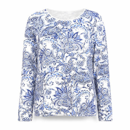 Karen Scott Women Blue Paisley Long Sleeve Cotton Blend Top XL