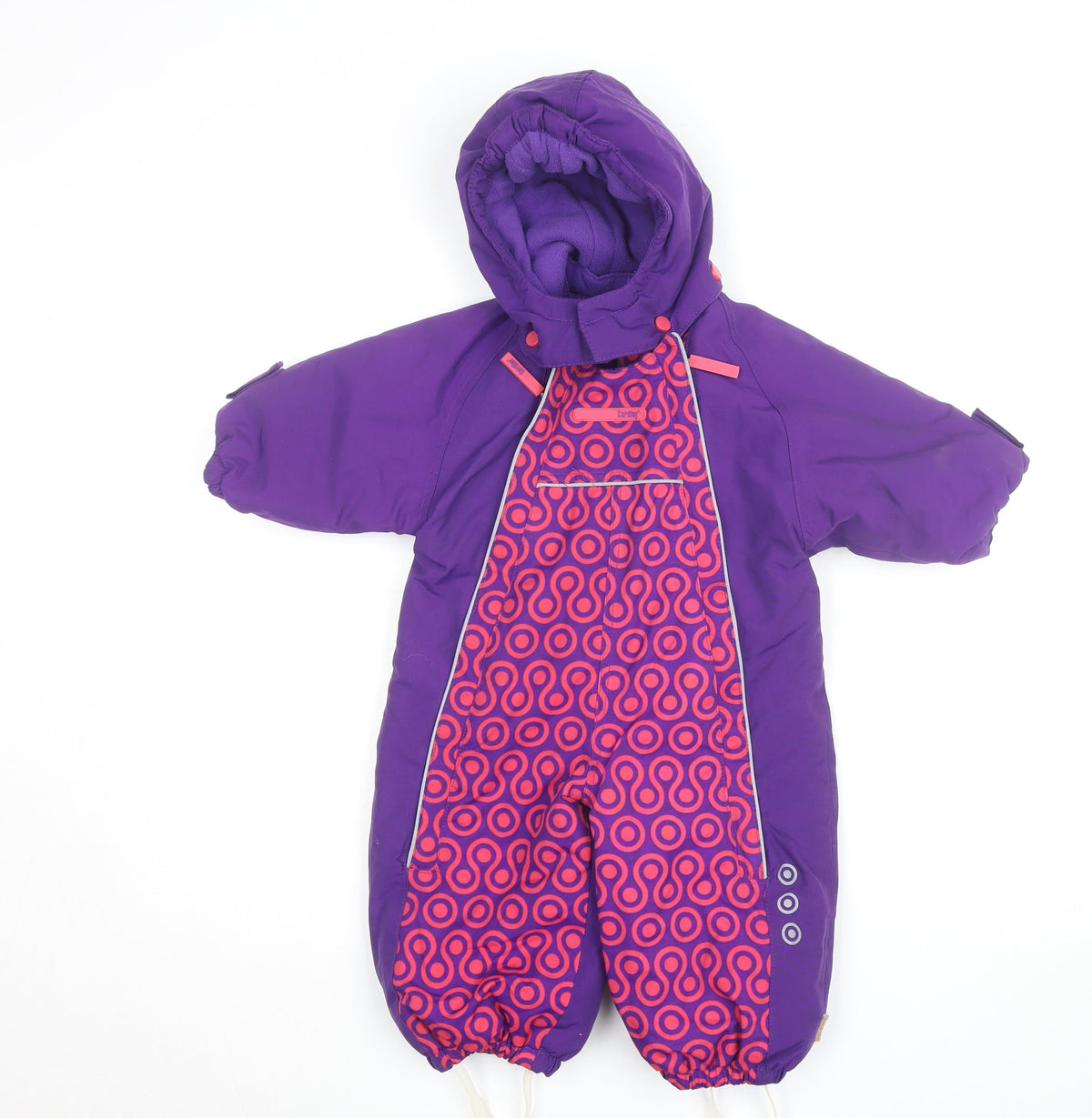 Front view of CareTec unisex baby purple waterproof hooded snowsuit 12 months winter outdoor