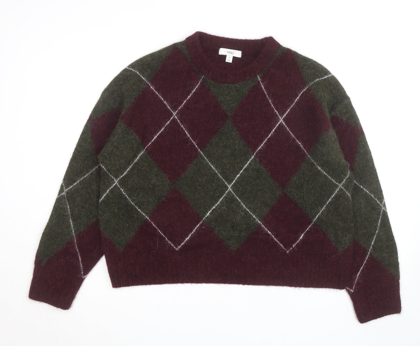 Marks and Spencer Women Burgundy Green Argyle Wool Blend Jumper M