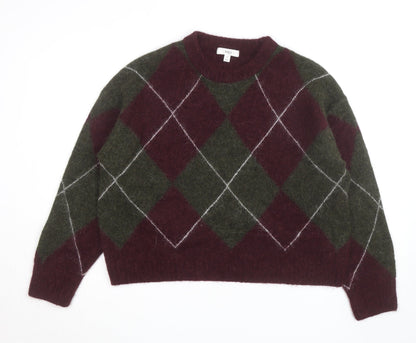 Marks and Spencer Women Burgundy Green Argyle Wool Blend Jumper M