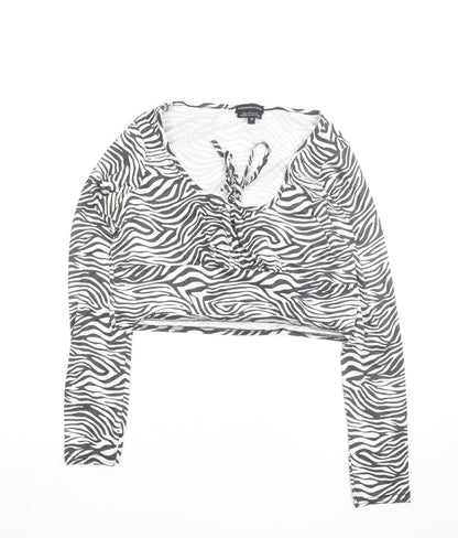 Wednesday's Girl Women's Multicoloured Zebra Print Cropped V-Neck Long Sleeve Top M