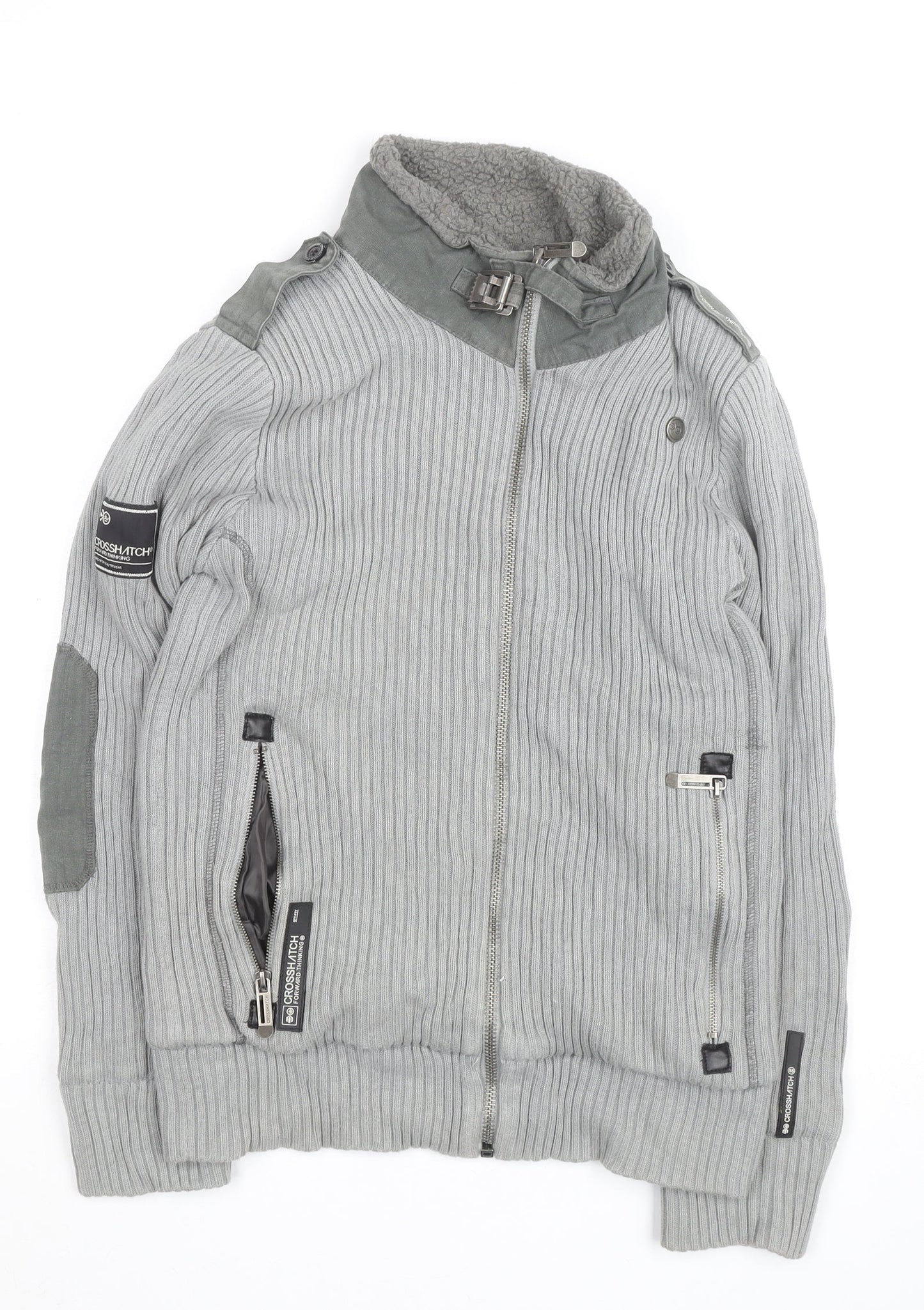 Cross Hatch Men's Grey Full Zip Ribbed Jumper Size L