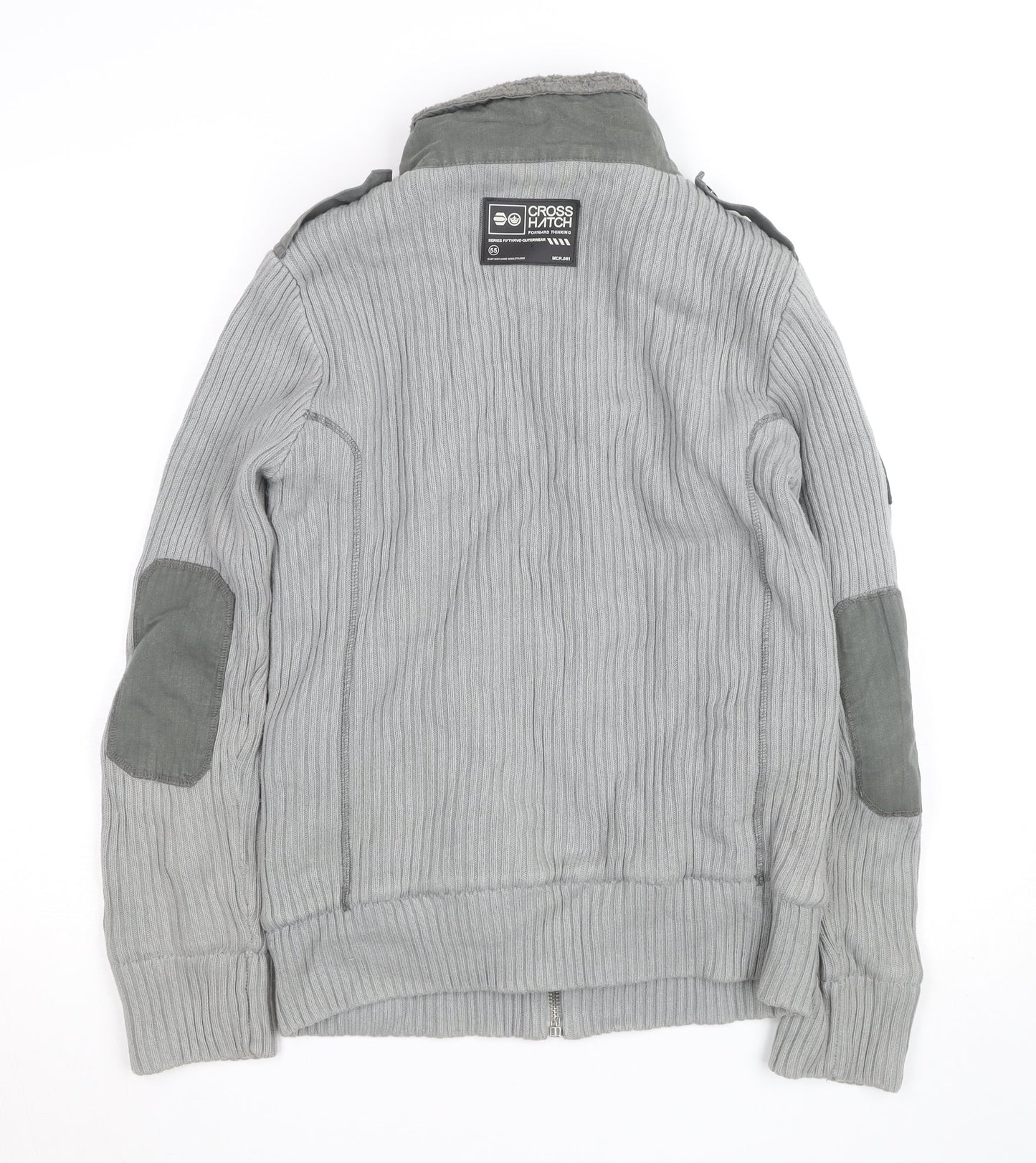 Cross Hatch Men's Grey Full Zip Ribbed Jumper Size L