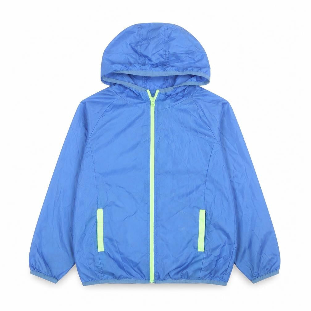 Front view of Dunnes boys’ blue hooded windbreaker jacket 7-8 years lightweight