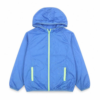 Front view of Dunnes boys’ blue hooded windbreaker jacket 7-8 years lightweight