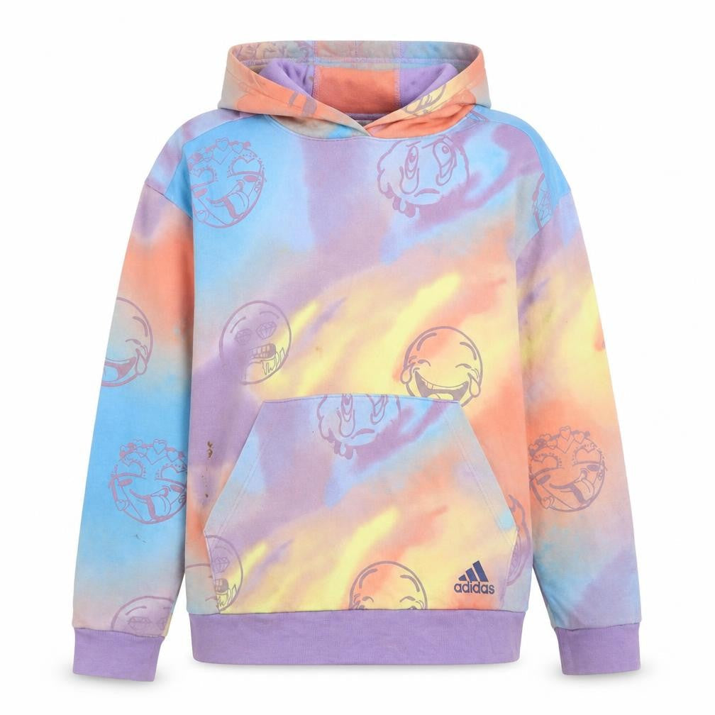 Front view of Adidas Teens Multicoloured Tie-Dye Pullover Hoodie, size 14/16, Cotton Blend