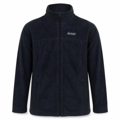 Front view of Columbia boys’ black fleece full zip jacket, size L, warm outdoor layer