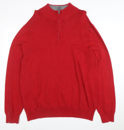 Nautica Men’s Red 1/4 Zip Cotton Jumper XL High Neck Classic Knit